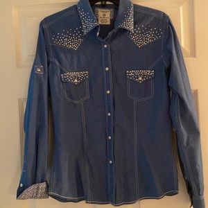 Western Panhandle rough stock shirt w/rhinestone trim! Sleeves can be rolled